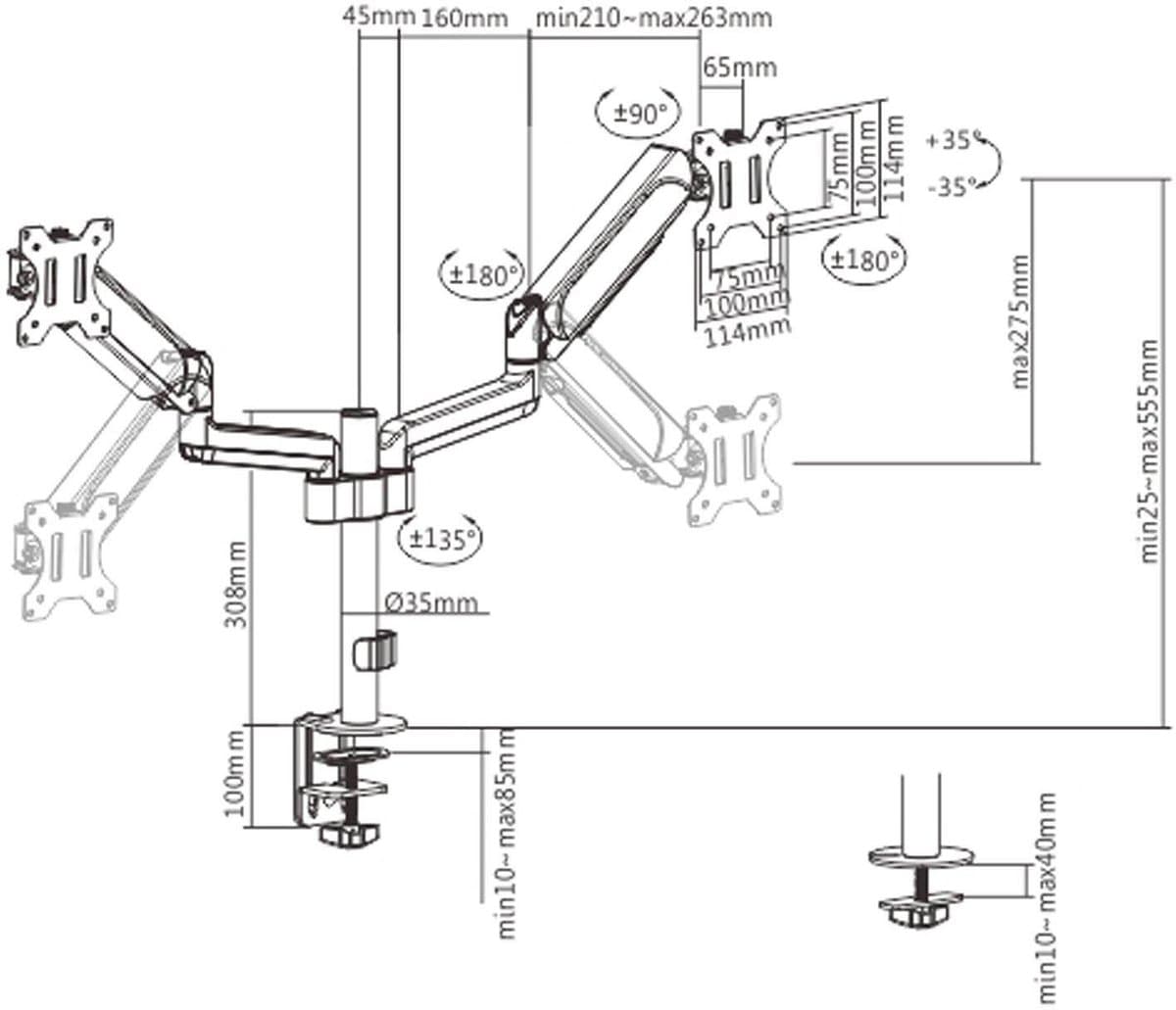 Gembird Bureau Monitorarm voor Dubbele Monitoren, 17–32 Inch, Tot 9 kg per Monitor, Volledige Beweging, 360° Rotatie, 35° Kantelbaar, 90° Zwenkbaar, VESA-compatibel, Ingebouwde Kabelbeheer, Zwart thumbnail 3