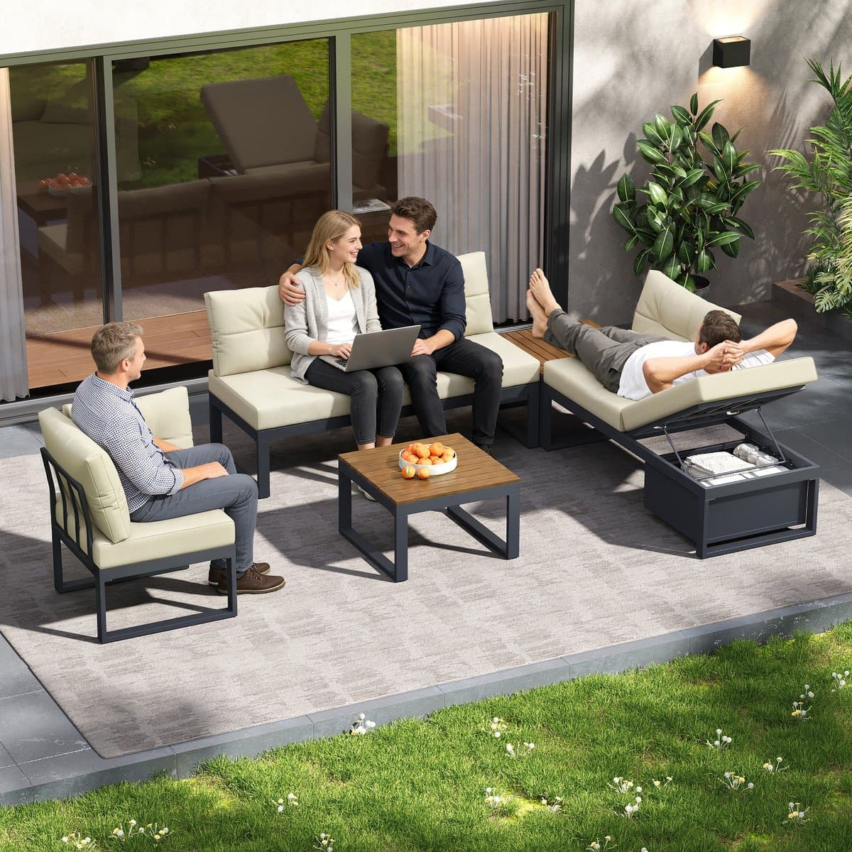 Sweiko Tuin loungeset - Hoekbank + salontafel - Verstelbare rugleuning - Met kussens - Opbergruimte - Beige thumbnail 8