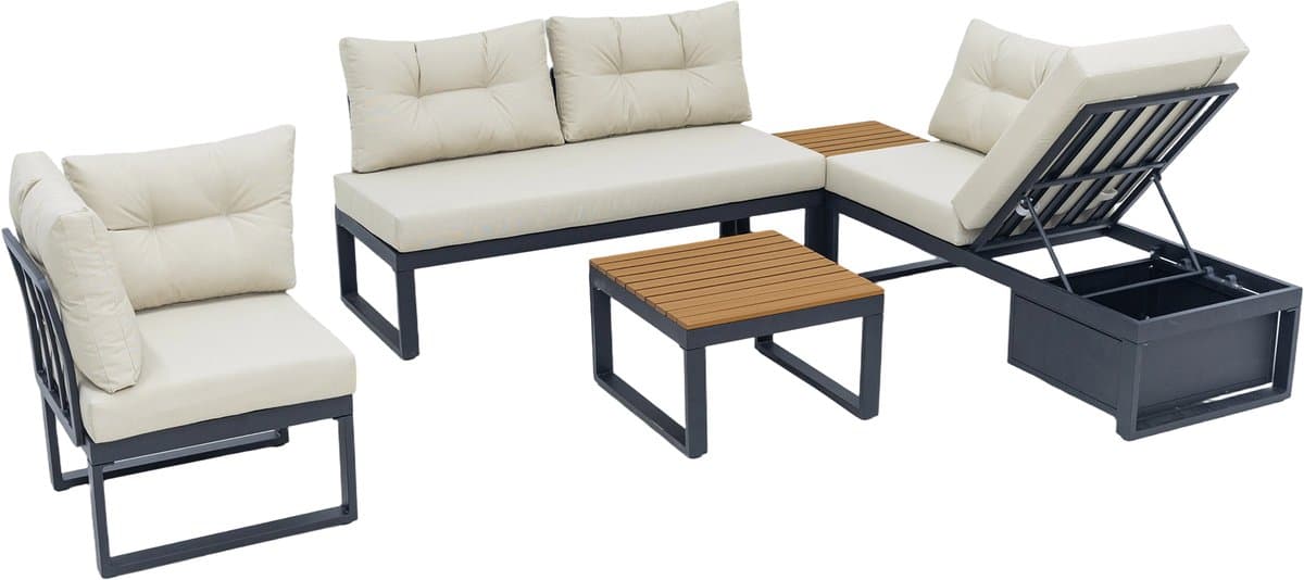 Sweiko Tuin loungeset - Hoekbank + salontafel - Verstelbare rugleuning - Met kussens - Opbergruimte - Beige thumbnail 7