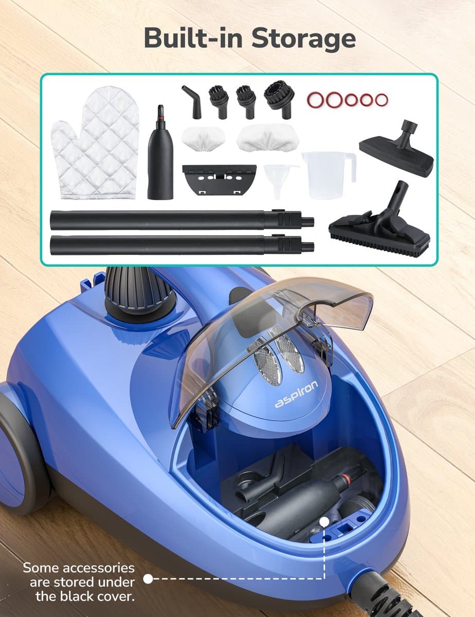Aspiron AS-CA042 Stoomreiniger – 80 PSI, 145°C stoom– Multifunctionele krachtige canister stomer met ingebouwde opbergruimte – Handstoommop voor huis, auto, meubels, tapijt, badkamer en vloerreiniging – Blauw thumbnail 4