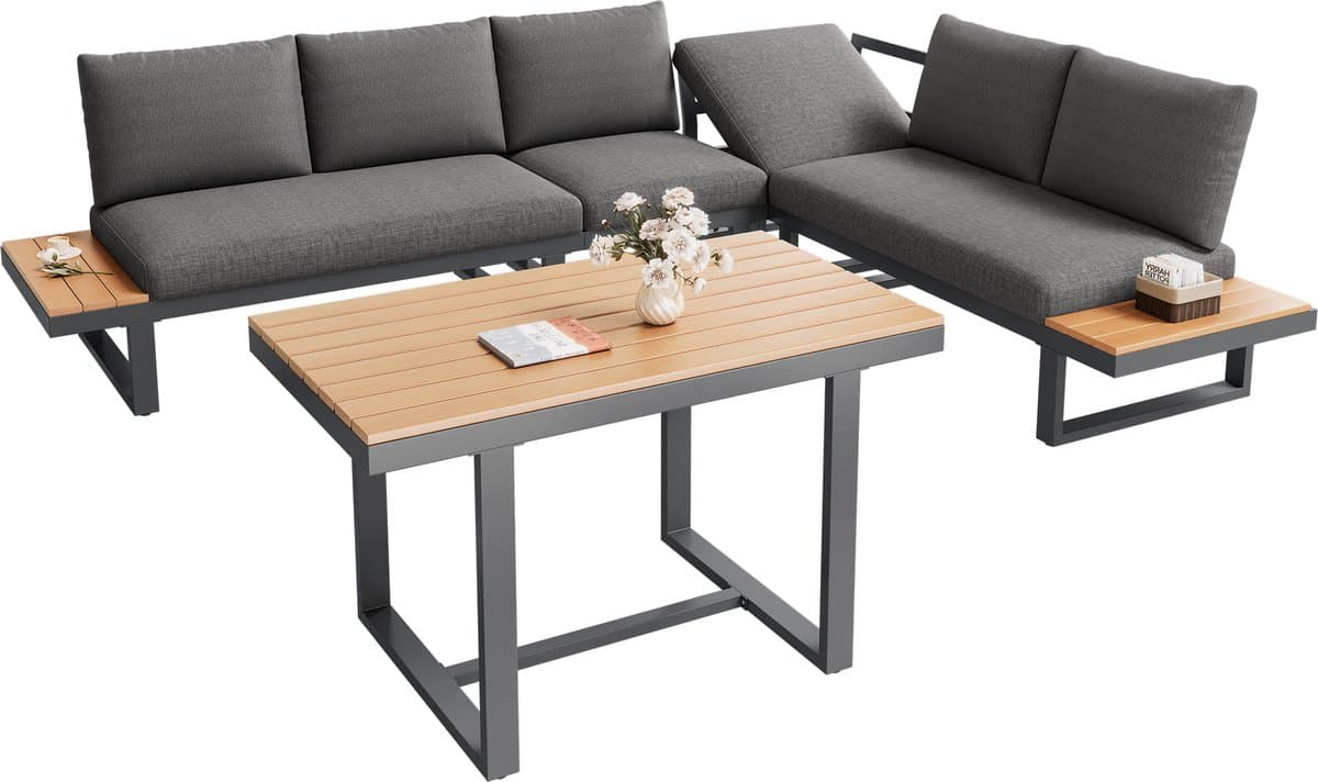 Tuinmeubelset - hoeksalon - met verstelbare leunfunctie - tafelblad van kunststof hout - inclusief eettafel - grijs en zwart thumbnail 5