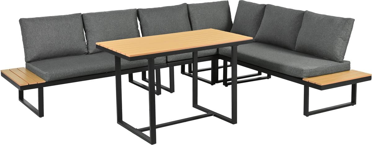 Tuinmeubelset - hoeksalon - met verstelbare leunfunctie - tafelblad van kunststof hout - inclusief eettafel - grijs en zwart thumbnail 4