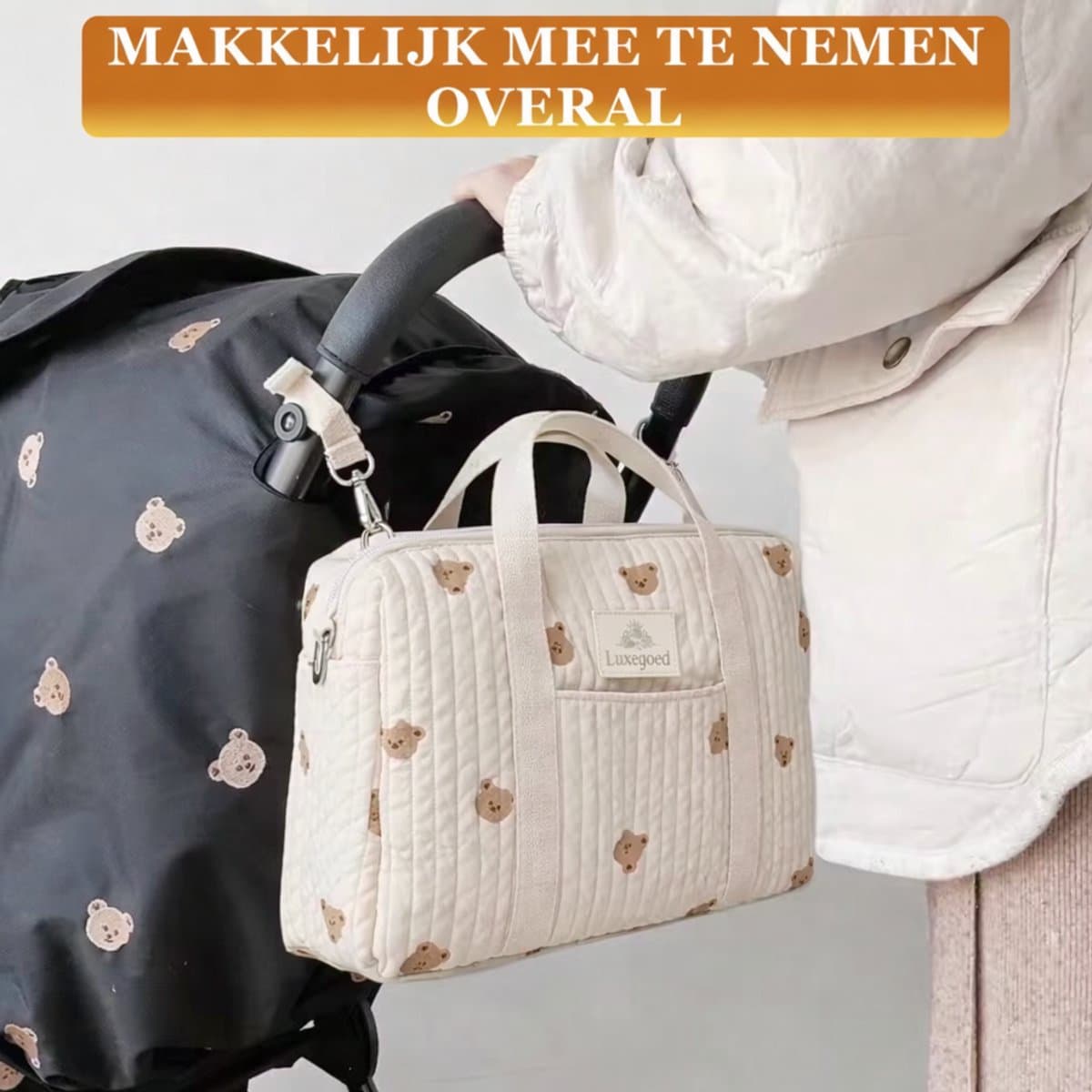 Luxegoed® Luiertas Schoudertas – Verzorgingstas voor Baby – XL Luiertas met Kinderwagenhaken & Schouderband – Beertje Design – Ruime Opbergvakken – Unisex Baby Tas thumbnail 7