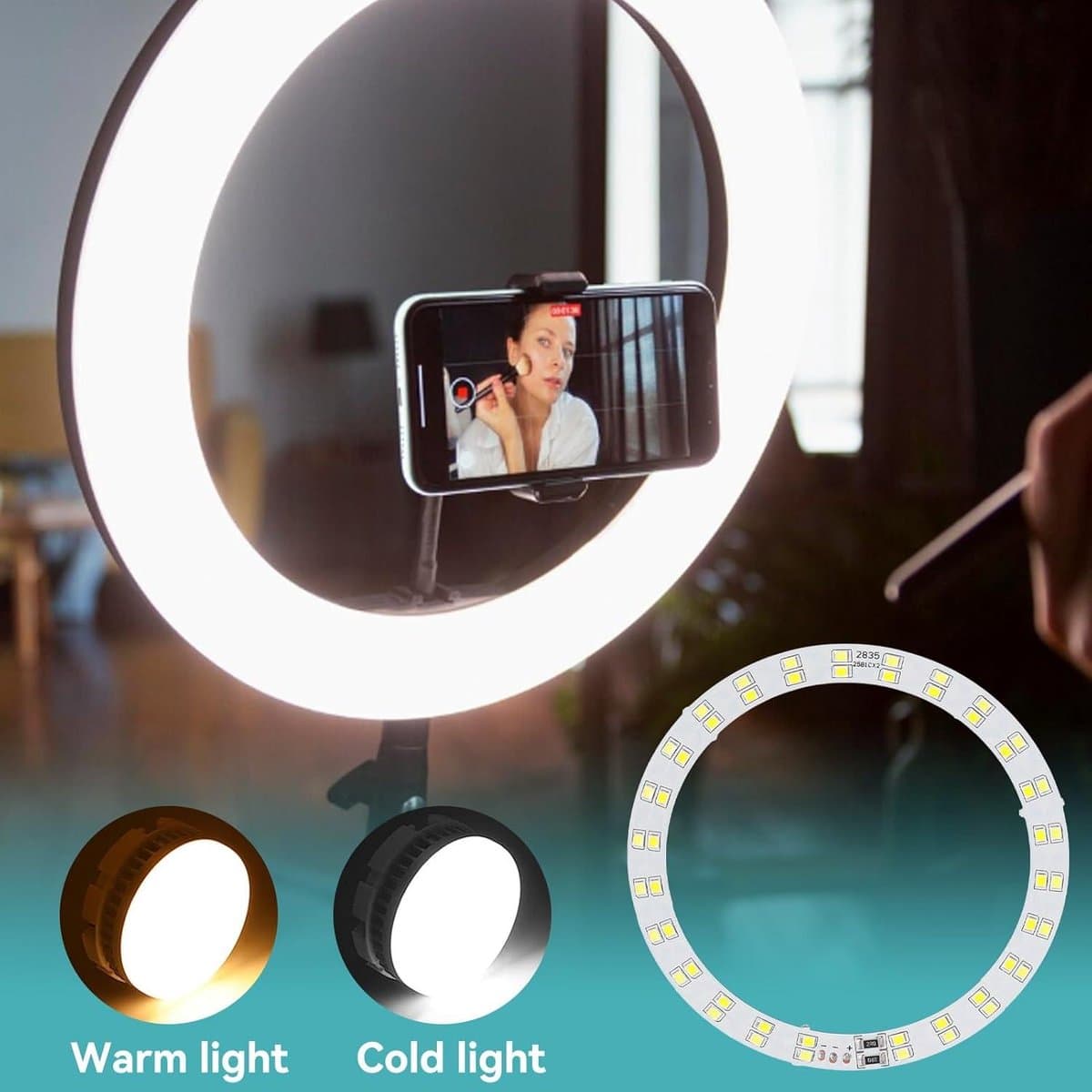 Set van 2 LED make-up lampen met 2 kleuren lichtringen, USB-aangedreven - 10W, Make-up verlichting voor make-up spiegel - 3V-5V - Koud en warm licht - Lichtplaat met verlichting. thumbnail 6