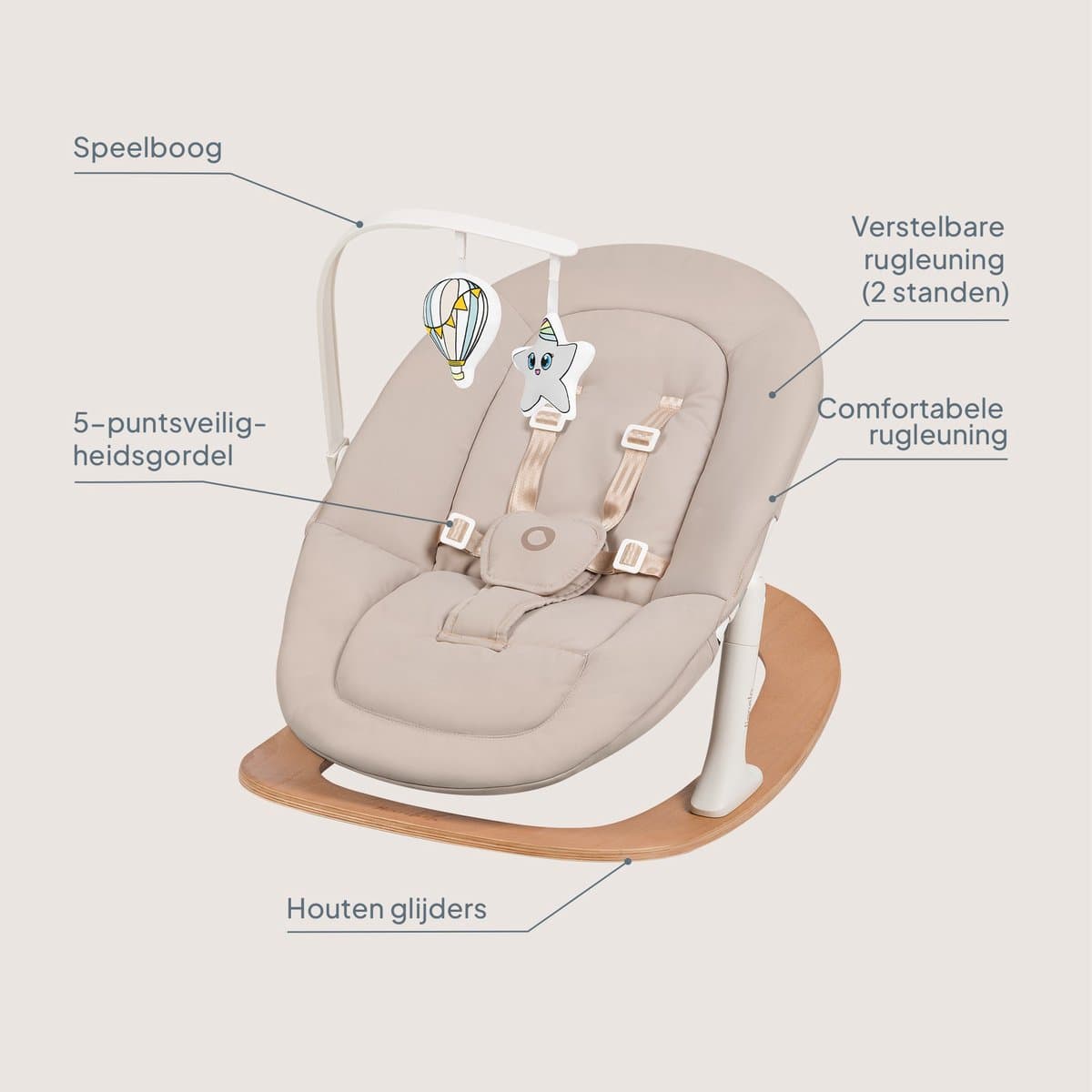 Lionelo Celia Rocker - Wipstoel Baby - Houten - 2 rugstanden - 5-puntsgordel - Speelboog met 2 speeltjes - Wood - Bouncer / Swing thumbnail 7