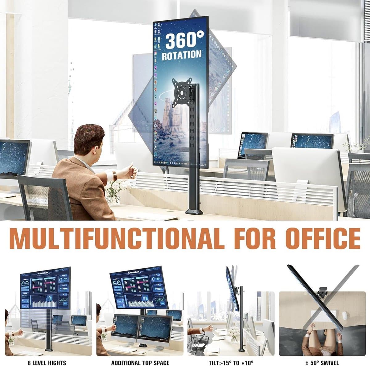 Enkele Monitor Arm voor Bureau, Verstelbaar voor Schermen 27 tot 43 Inch, Zwart thumbnail 4