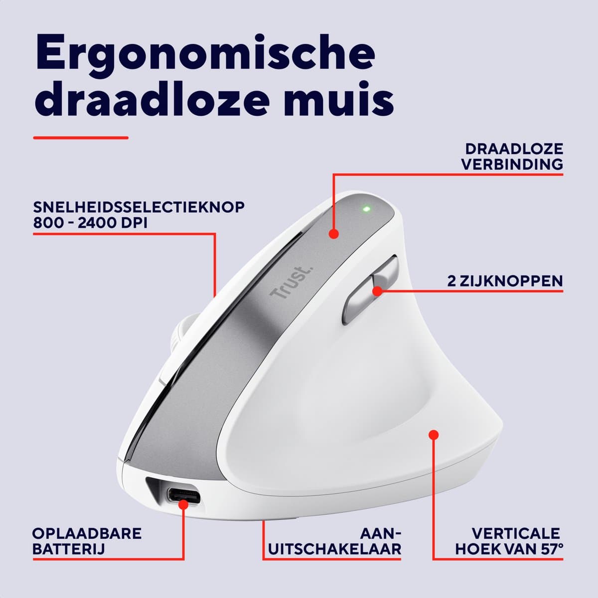 Trust Bayo II - Ergonomische Muis - Verticaal - Draadloos - Wit thumbnail 4