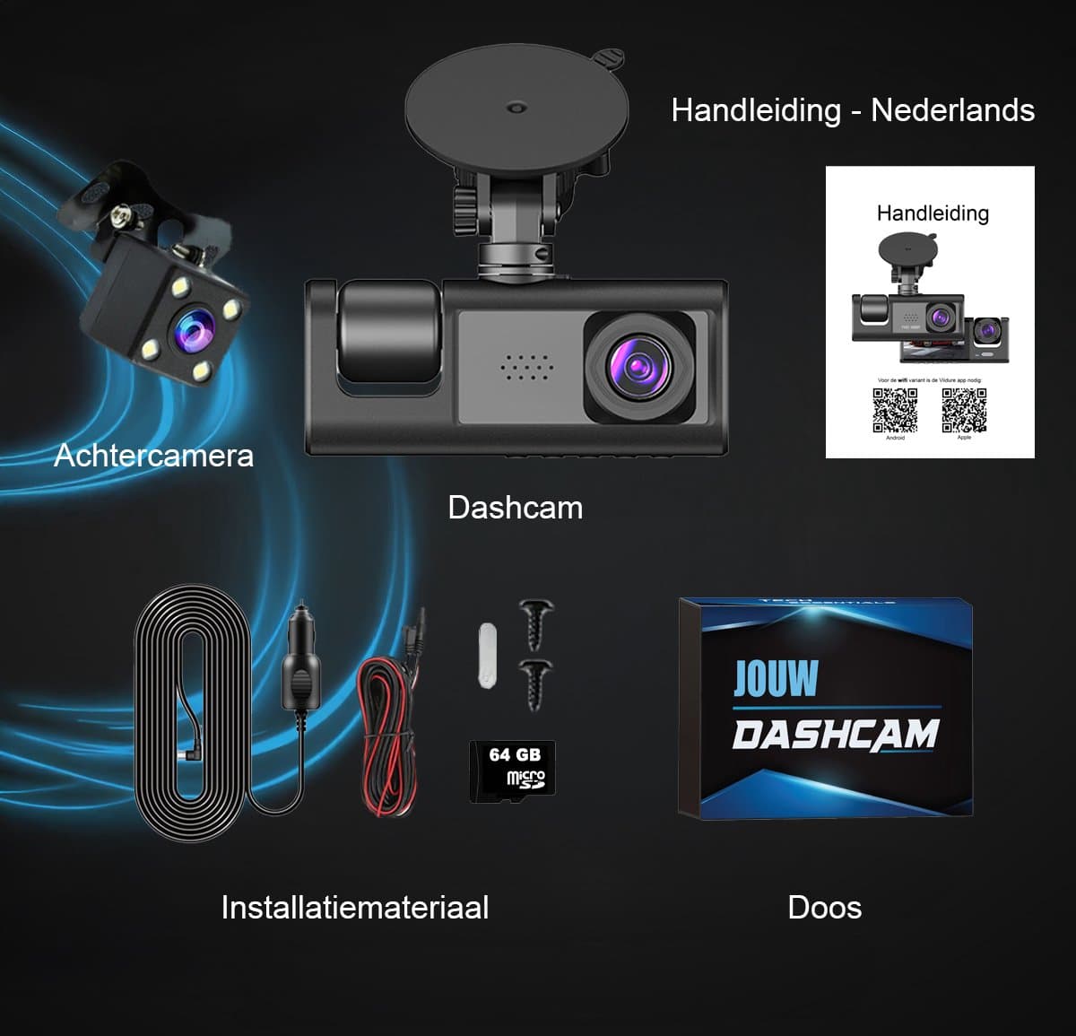 Tech Essentials® Dual Dashcam S1-Wifi Voor Auto - Met Achteruitrijcamera Universeel - Full HD - Met 64GB Micro SD-Kaart - Met Nachtzicht - APP | Voor En Achter thumbnail 8