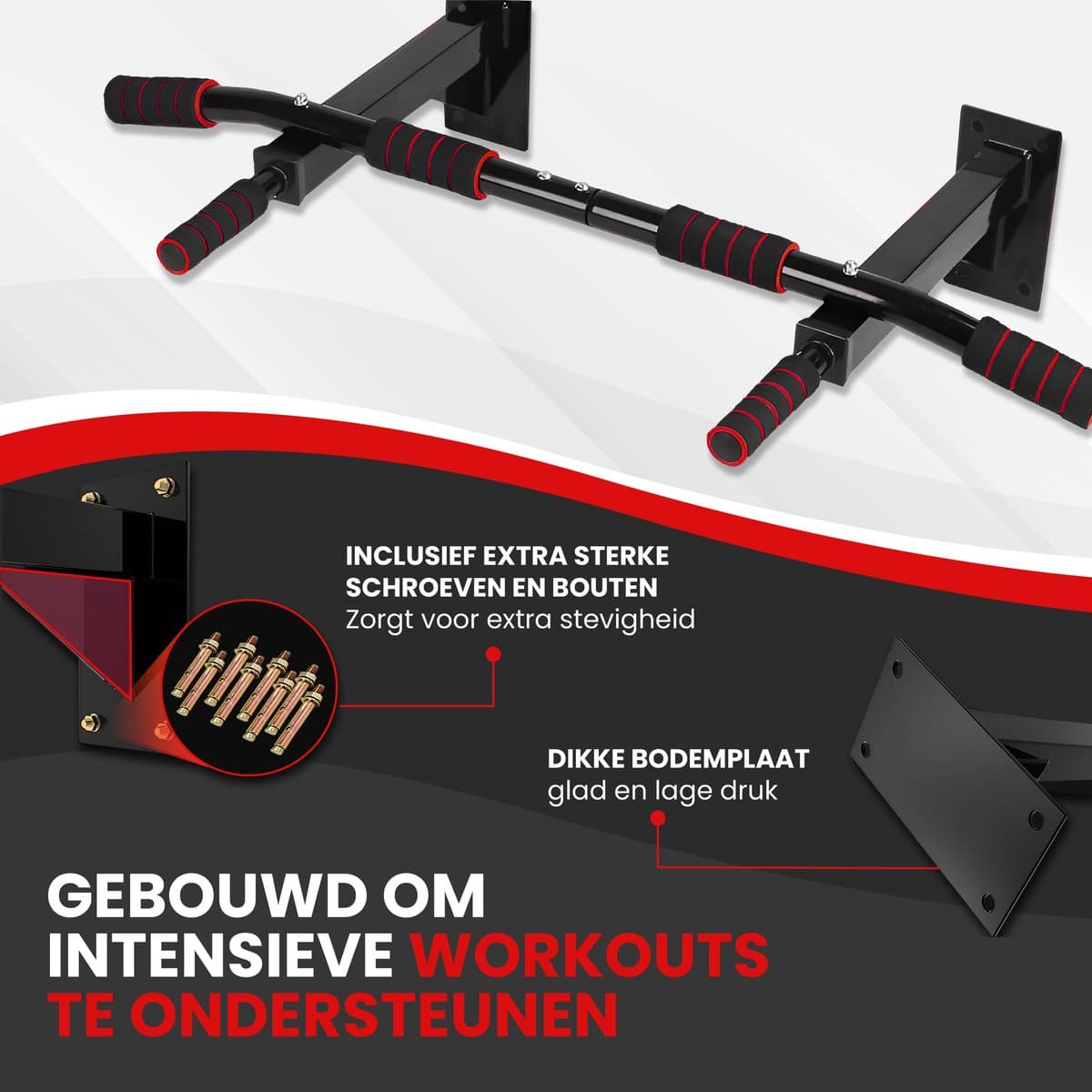 TTD® Premium Pull Up Bar - Pull Up Station - Optrekstang Wandmontage - Dip Station - Dip Bars - Thuis Sporten - Thuis Fitness - Premium materialen - Extra stevige montage onderdelen - Home workout - Zwart/Rood thumbnail 6