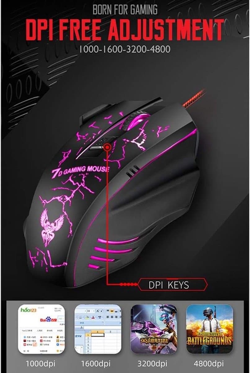 Bedrade Gaming Muis – RGB – Optische USB Computer Muis – 4 DPI Instelbaar tot 2400 – Ergonomisch – 7 Knoppen – Plug & Play – PC & Laptop thumbnail 6