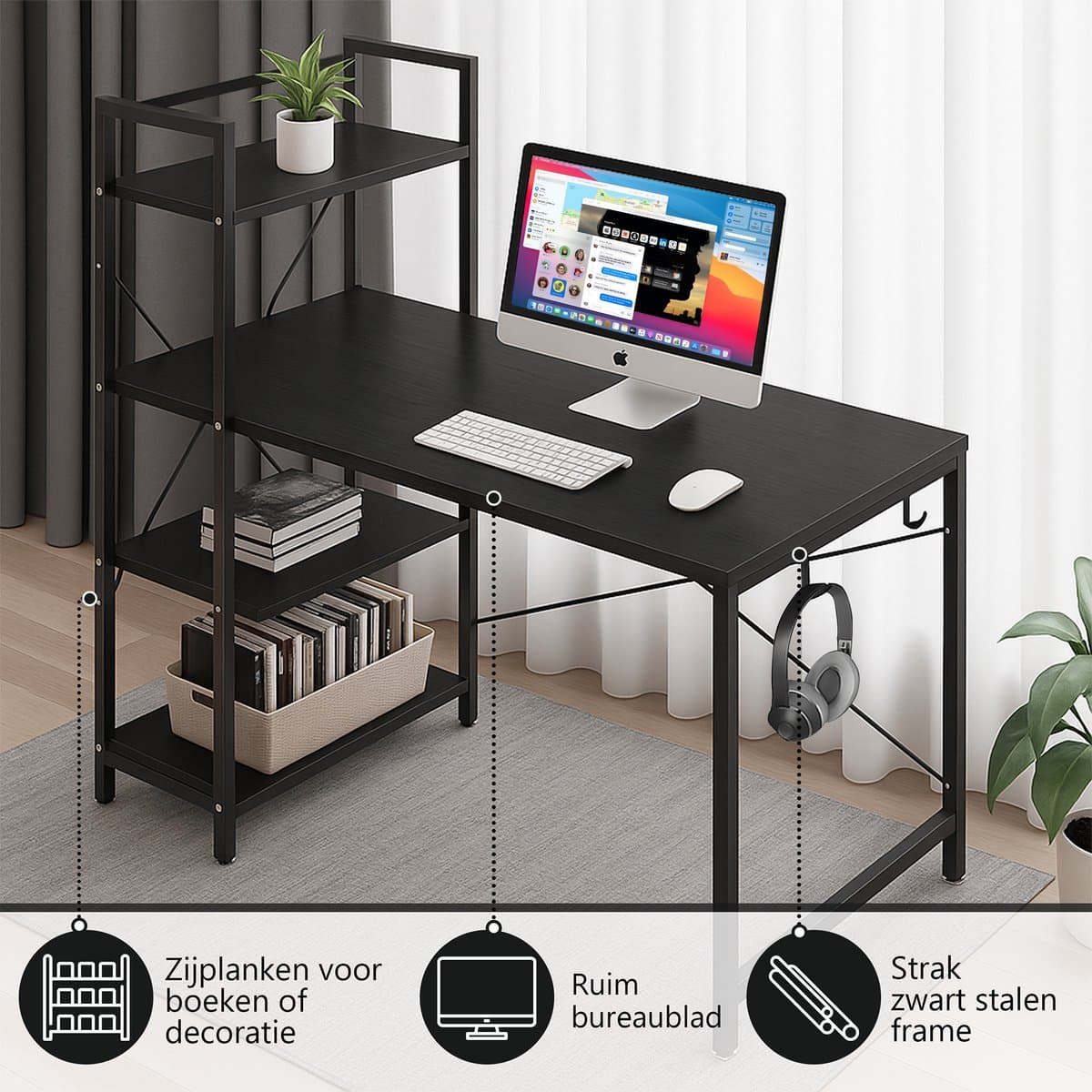 Bayt Bureau - Game Bureau - Gaming bureau - Computertafel - Zwart - 120 x 75 x 120 cm thumbnail 3