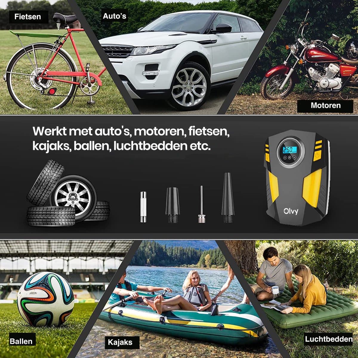 Olvy Compressor Bandenpomp - Luchtcompressor 12V - Elektrische Bandenpomp - Fiets/Auto/Motor/Bal/Luchtbed - Met 4 Opzet Stukken thumbnail 5