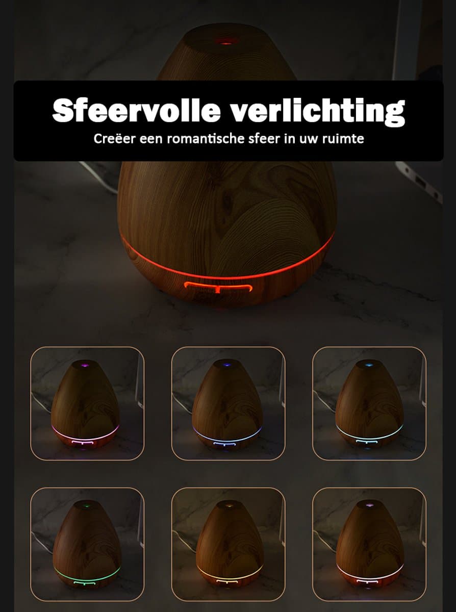 ibettertec Luchtreiniger & Aromadiffuser - 400ml Elektrische geurlamp met houten design,LED-verlichting en stille luchtbevochtiger voor etherische oliën thumbnail 5