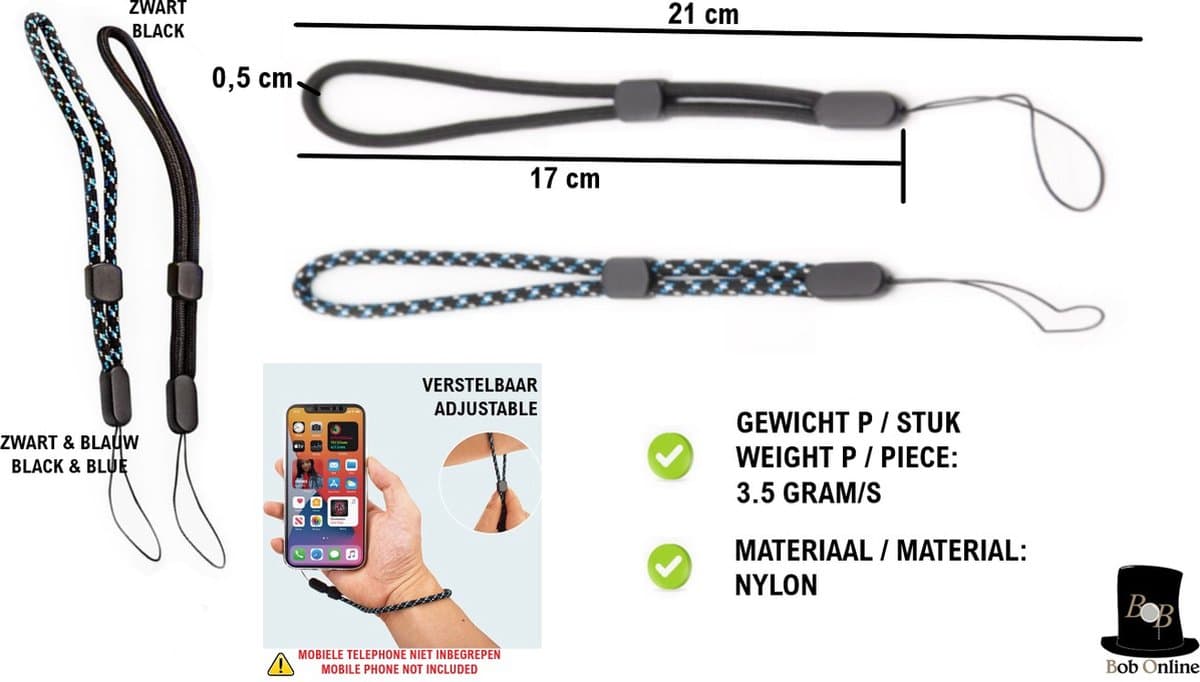 Bob Online ™ - 2 Stuks (Blauw & Zwart) – Multifunctioneel Verstelbaar Polskoord – Verstelbare Pols Lanyard – Telefoonkoord – Camera Polskoord – USB-Stick Polskoord – AIRPODS Houderkoord – Zaklampkoord – 2 Pcs (Blue & Black) Multifunctional Adjustable thumbnail 2