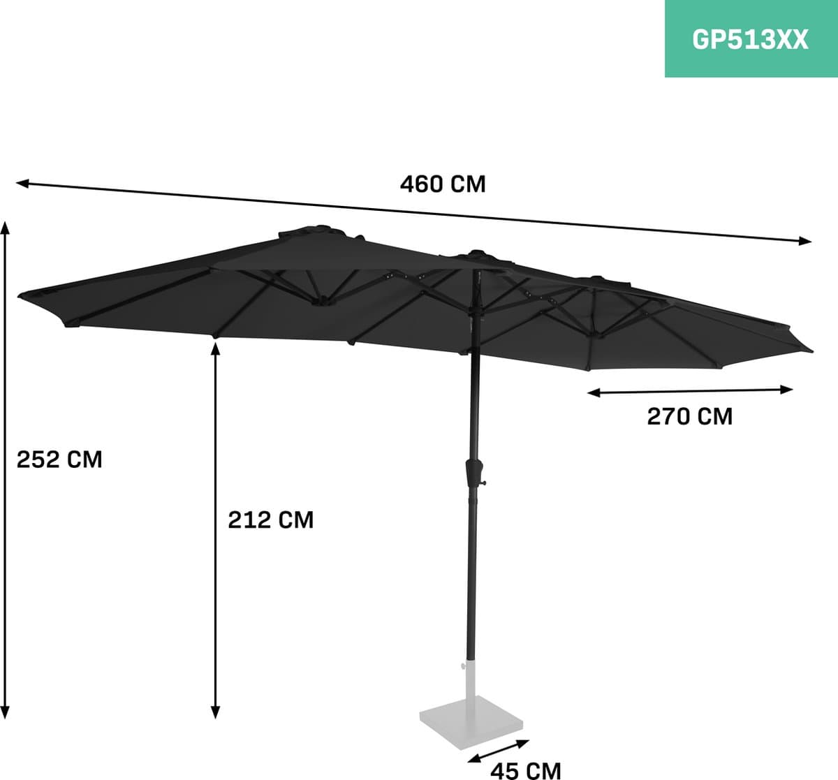 VONROC Premium Parasol Iseo - 460x270cm – Dubbele parasol – Duurzaam - UV werend doek - Antraciet/Zwart – Incl. beschermhoes thumbnail 4