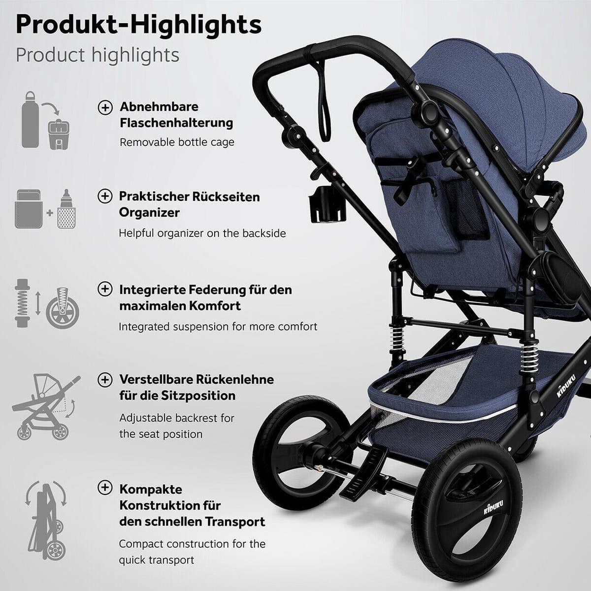 KIDUKU- 3 in 1 combi-kinderwagen- blauw/zwart- buggy incl. autostoeltje-regenhoes- inklapbaar thumbnail 8