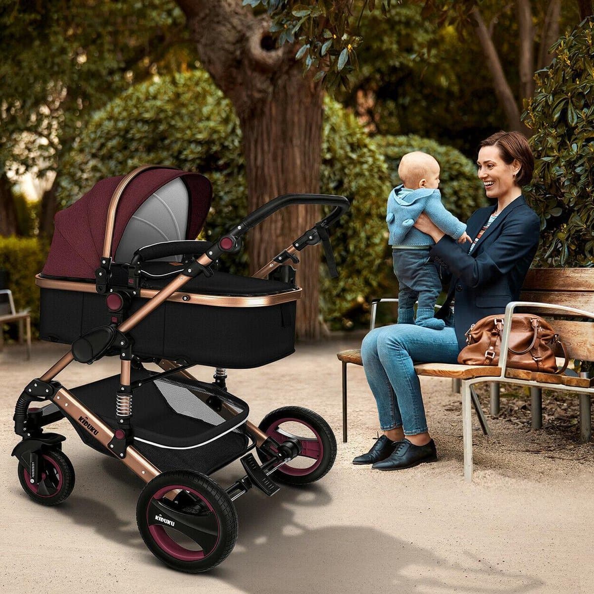KIDUKU- 3 in 1 combi-kinderwagen- bordeaux- zwart-goud- buggy incl. autostoeltje-regenhoes- inklapbaar thumbnail 5