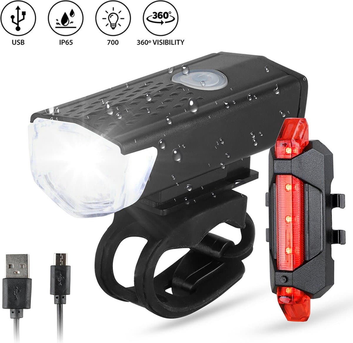 Fietsverlichting - Set voor- en achterlicht - Oplaadbaar - USB - Voorlicht Fiets - Achterlicht Fiets - Verlichting thumbnail 2
