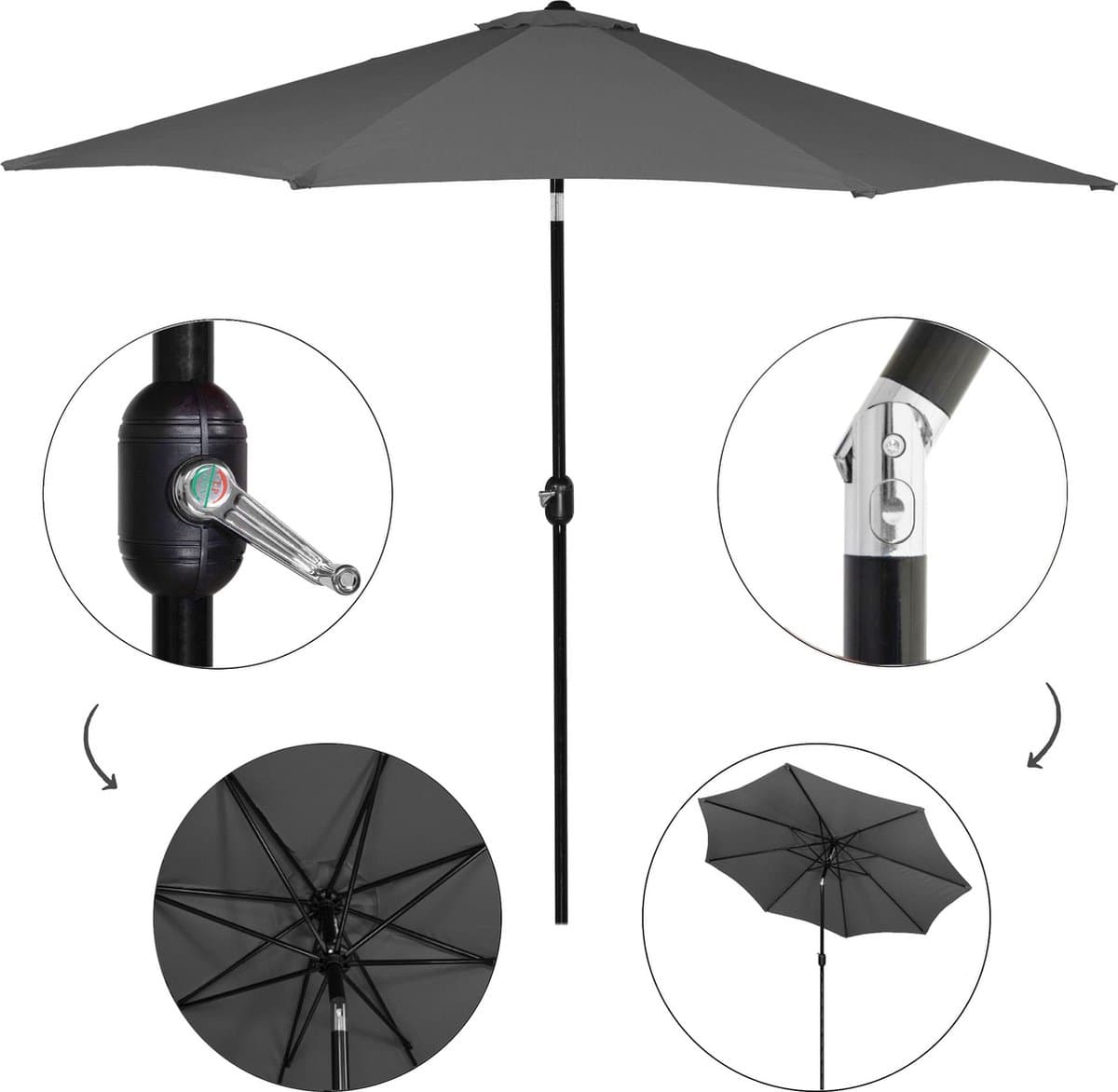 Springos Parasol | Parasols | Kantelbaar | Met ventilatie | Antraciet | Ø 300 cm thumbnail 2