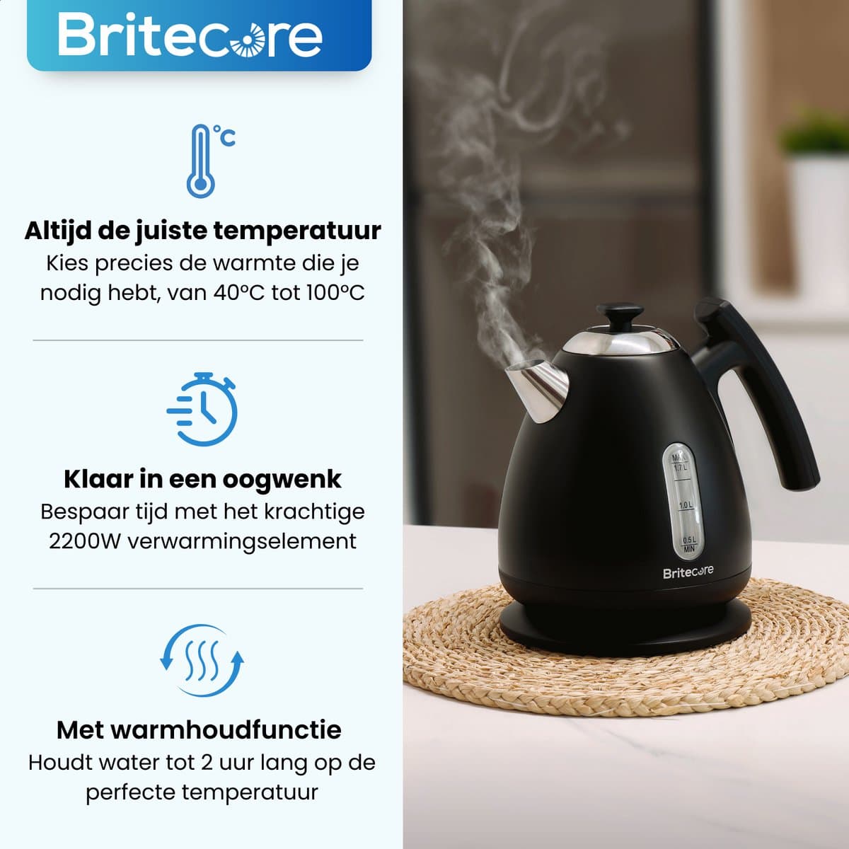 Waterkoker met Temperatuurregeling - Warmhoudfunctie - RVS - 1.7L - 40 tot 100°C - 2200W - Retro design - Zwart - Britecore thumbnail 2