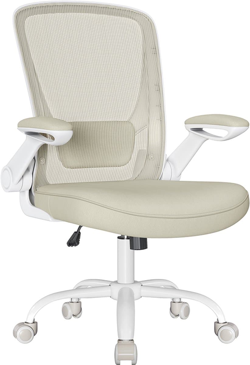 Ergonomische Bureaustoel Wit & Beige - Mesh Rugleuning - Opklapbare Armleuningen - Thuiswerkplek Stoel - Draaibaar & Verstelbaar - 120 kg - afbeelding 1