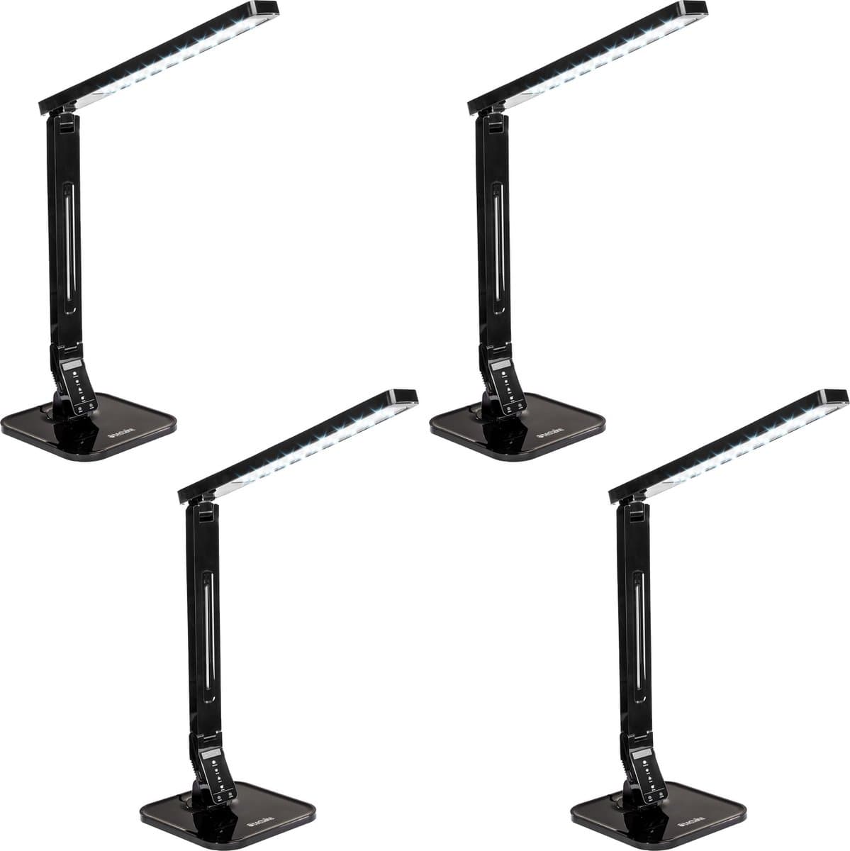 tectake® LED-Bureaulamp - Set van 4 - 14W - USB-Aansluiting voor Opladen van Tablets en Smartphones - Dimbaar met Timerfunctie en 4 Modusinstellingen - Energieklasse A+ - Zwart