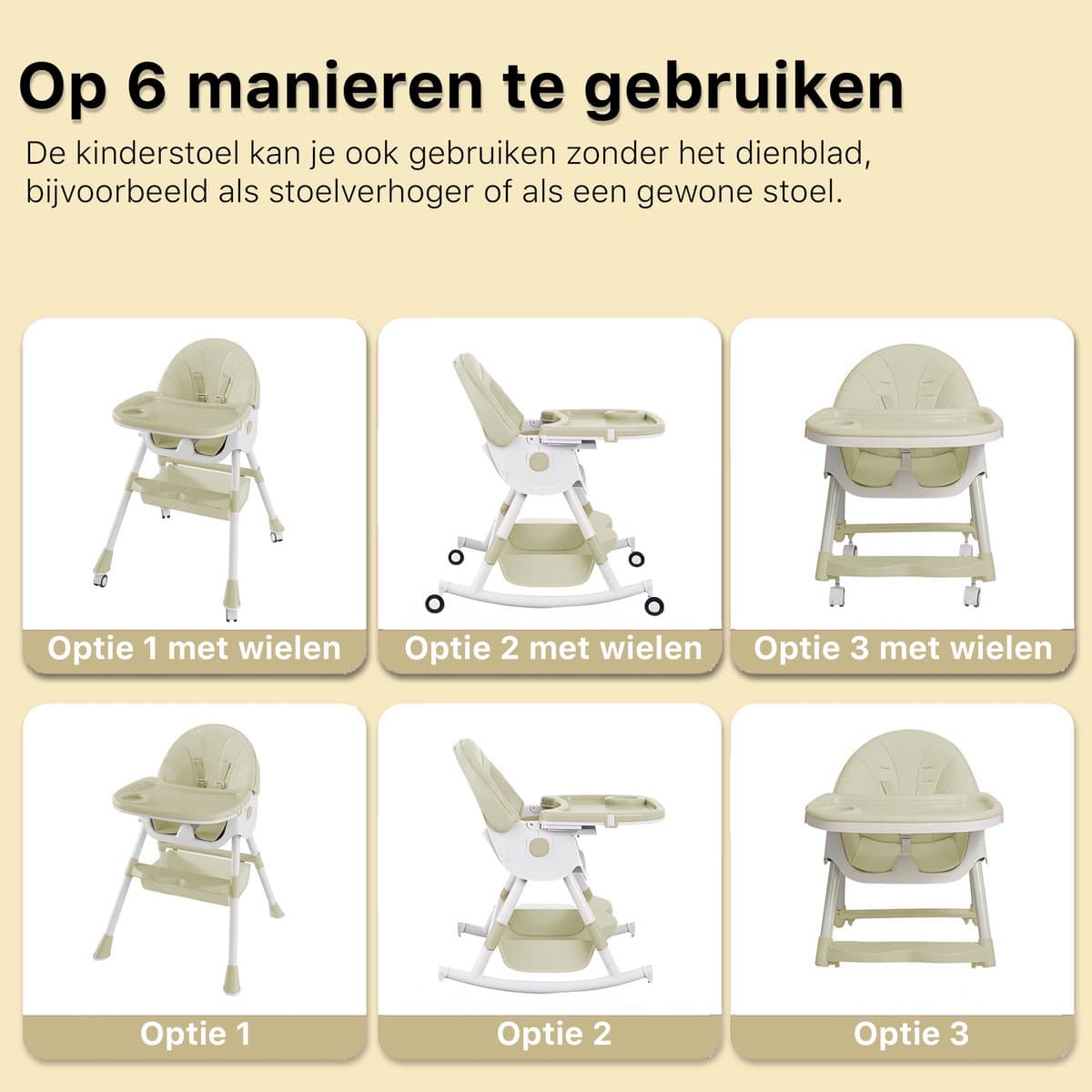 Phreeze Kinderstoel - Inklapbaar - Meegroeistoel 6 t/m 72 maanden - Afneembare Wielen - Eetstoel Baby & Peuter - Ook als Loopstoel, Wipstoel, Babystoel aan tafel / voor eten / thuis - Beige thumbnail 3