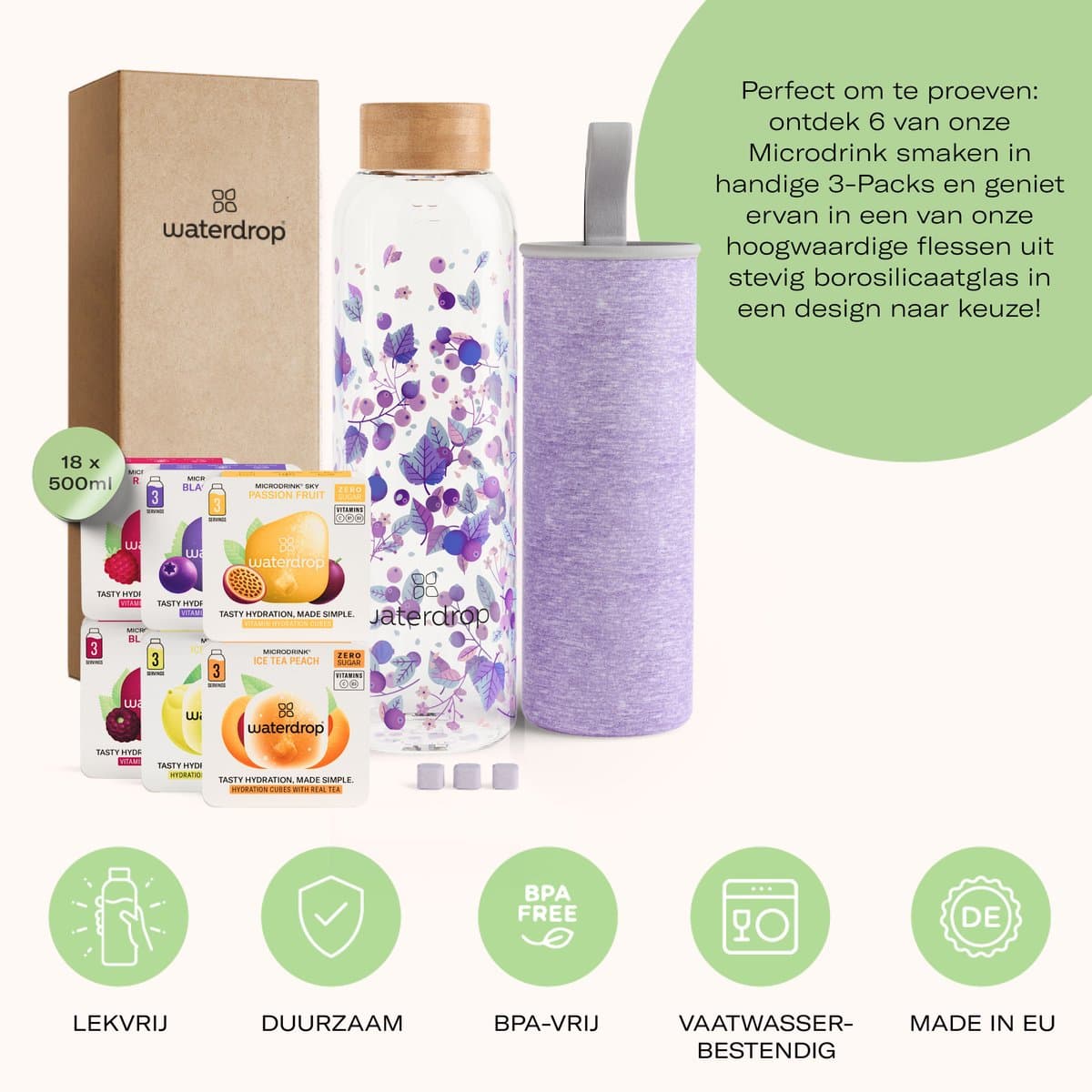 waterdrop® Starterset Glas - Boost Melange - Glazen Drinkfles 600ml + 18 Microdrink Bruistabletten – Herbruikbare Waterfles, Lekvrij, BPA-vrij, Ideaal voor Thuis, Werk, Sport, Reizen – Hydratatie Set, Cadeau Idee thumbnail 4