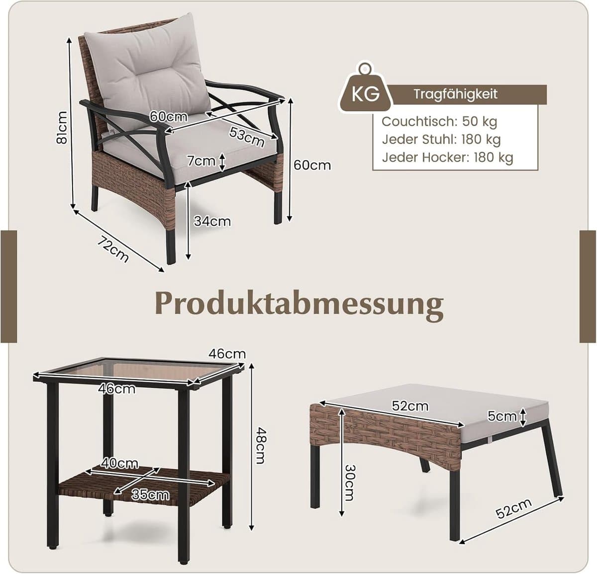 COSTWAY 5-delige rotan tuinmeubelset, 2-traps bijzettafel, 2 stoelen met kruk, terrasmeubels, balkonmeubels 2 personen, tuingarnituur incl. zitkussens en rugkussens thumbnail 3