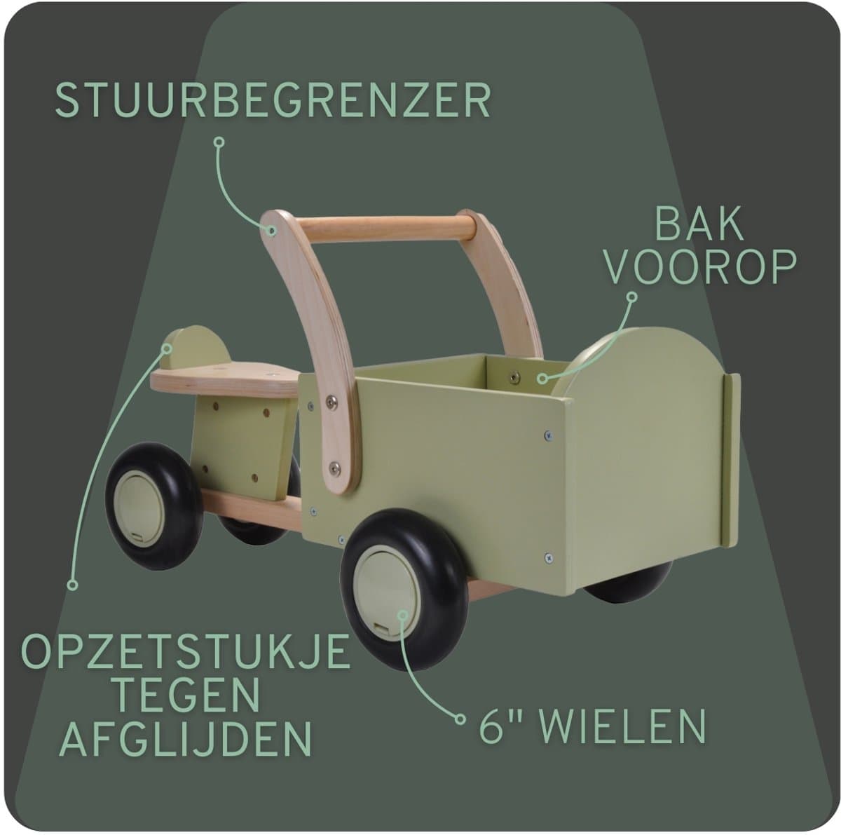 Bandits & Angels Bakfiets Loopfiets Hout Little Rider Retro Green vanaf 1 jaar - Voor Jongens en Meisjes - Ride-On Houten Bakfiets - Houten Loop Fiets Groen - Geluidsarme Wielen - Kraamcadeau thumbnail 2
