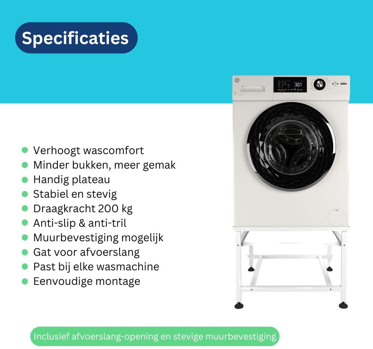 Wasophoogte® Wasmachine verhoger- Wasmachine opbouwmeubel XL - Wasmachine sokkel - 45cm hoog - Wit - Universeel - 63*63 (LxB) - Inclusief wandbeugels thumbnail 6
