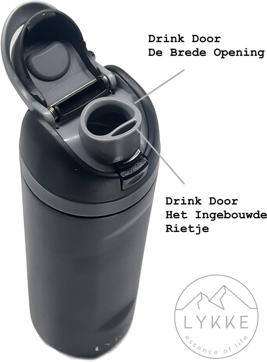 LYKKE® Freesip Lekvrij 3 Laagse Geïsoleerde RVS-fles met rietje voor sport, reizen en school BPA-vrije sportwaterfles, 20 oz, 570 ML, Zwart (Midnight) thumbnail 2