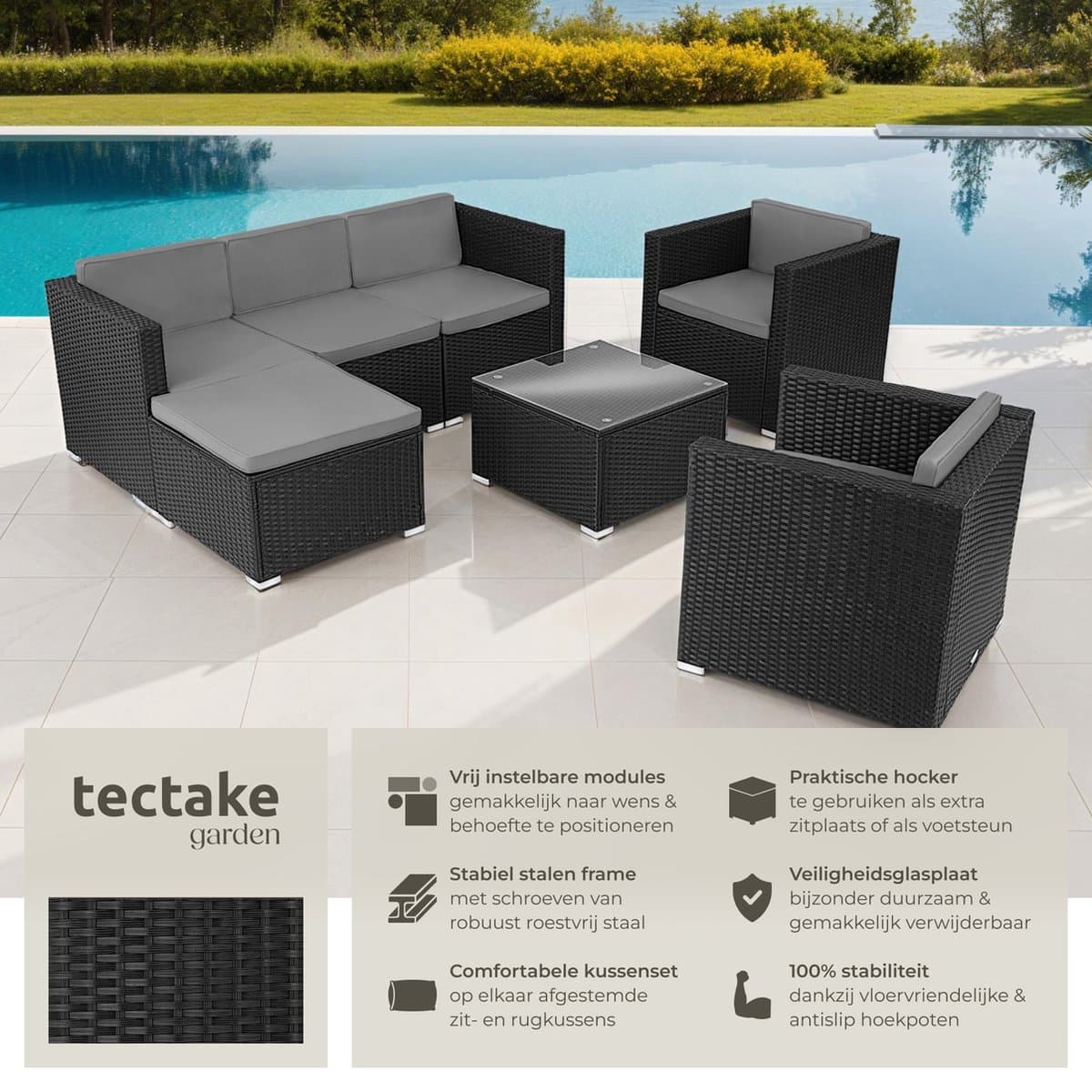 tectake® wicker Loungeset, buitenzitgroep, set met bank, 2 fauteuils, kruk, tafel, vrij combineerbaar, tuinmeubelen voor 5-6 personen, voor tuin, terras, balkon, inclusief kussens - zwart - poly-rattan thumbnail 3