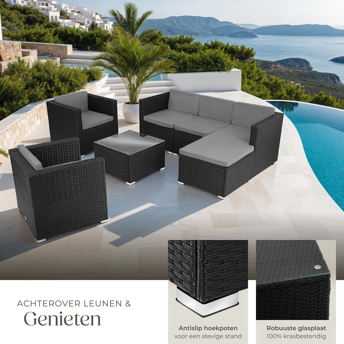 tectake® wicker Loungeset, buitenzitgroep, set met bank, 2 fauteuils, kruk, tafel, vrij combineerbaar, tuinmeubelen voor 5-6 personen, voor tuin, terras, balkon, inclusief kussens - zwart - poly-rattan thumbnail 5