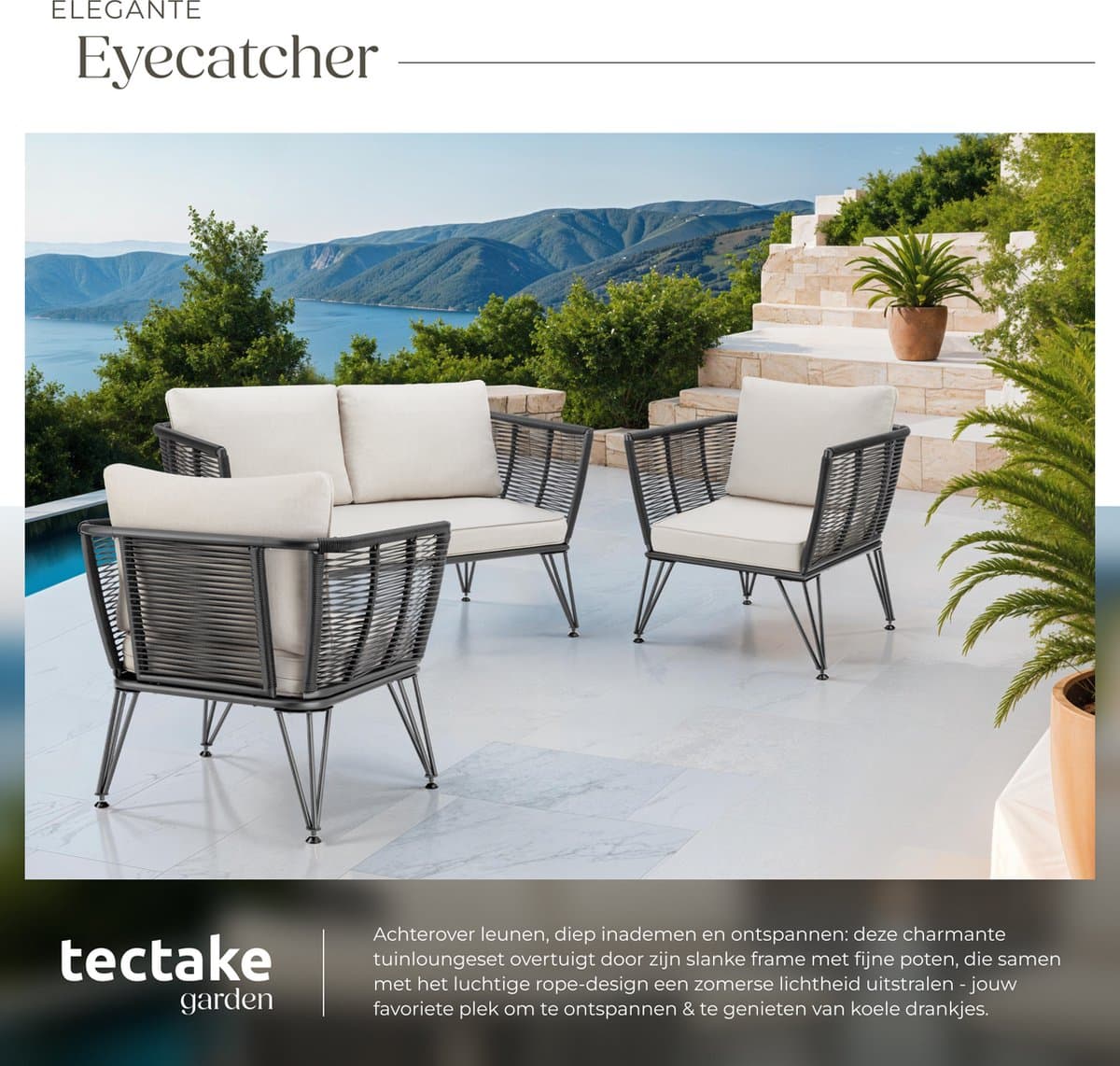 tectake® Loungeset Sundo - Tuinset in Rope-Design - Tuinbank en Tuinstoelen met Kussens - Weerbestendig thumbnail 6