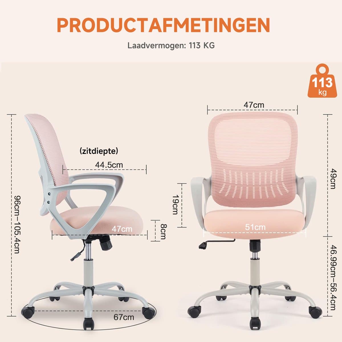 Ergonomische Bureaustoel - Mesh Office Chair - In Hoogte Verstelbaar - Vaste Armleuningen - 113 kg Draagvermogen thumbnail 6