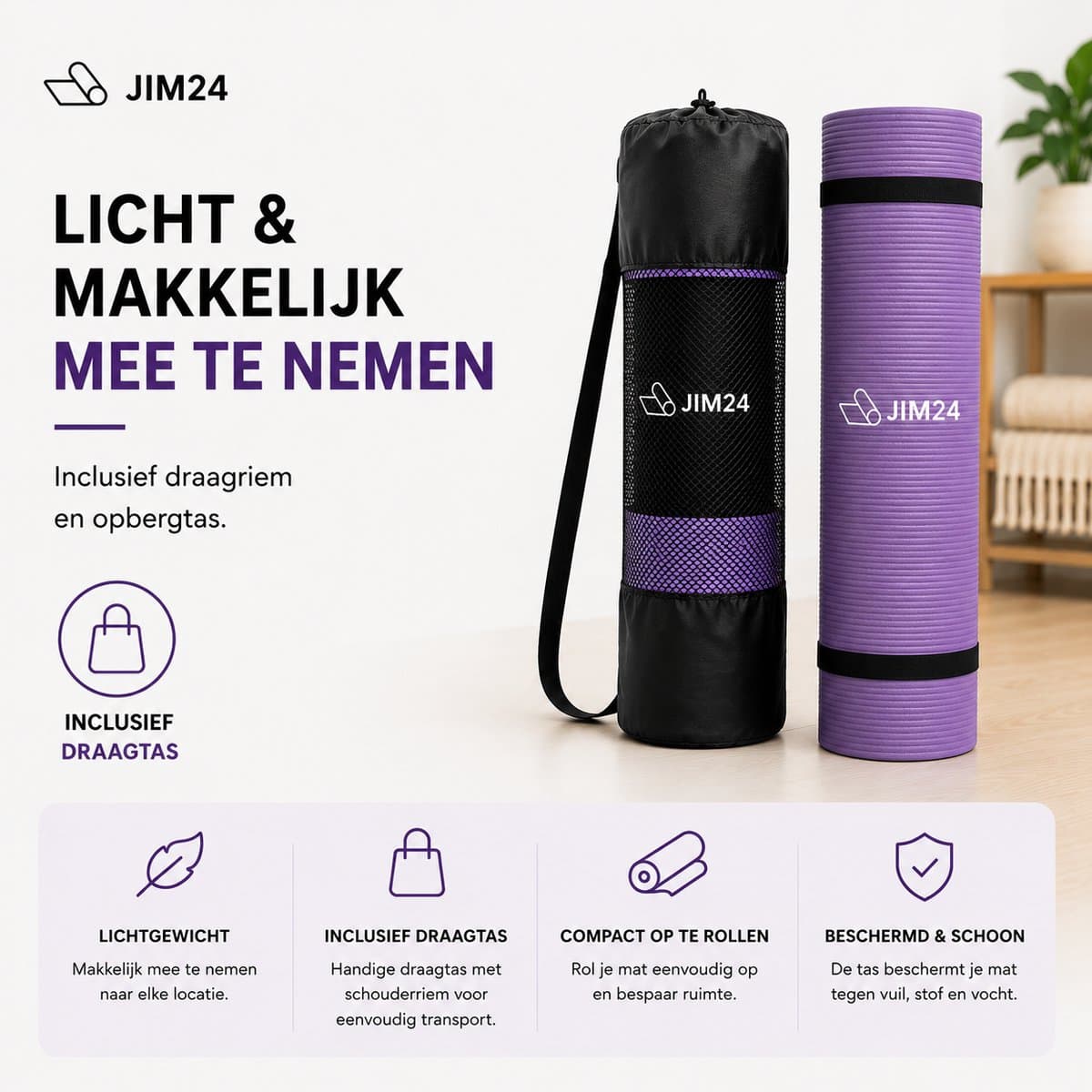Jim24 Yogamat - Yoga Mat Extra Dik - 15 mm - Fitness Mat - Sport Mat - Antislip - Slijtvast - Incl. Draagtas - Paars thumbnail 8