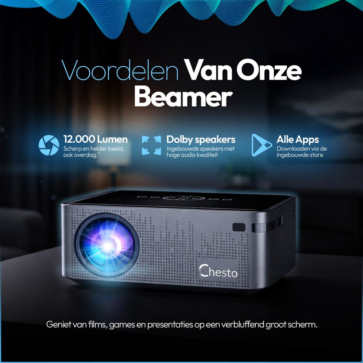 Chesto Beamer Full HD PRO Android (8K-Ondersteuning) - 12.000 lumen - Dolby Audio - Autofocus - Inclusief draagtas - Streamen vanaf je telefoon met wifi thumbnail 2