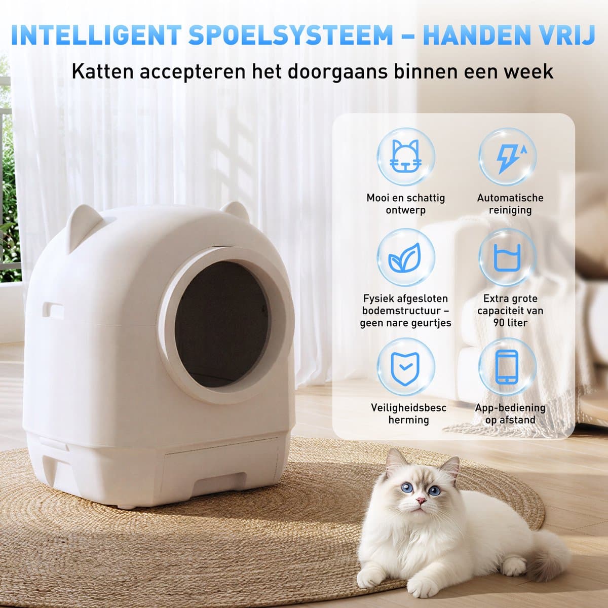 Devoko Automatische Kattenbak XXXL- Zelfreinigende Kattenbak 90L-Ondersteunt bediening via app - Langdurige geurcontrole -Uitgerust met een veiligheidssensor - Wit thumbnail 5