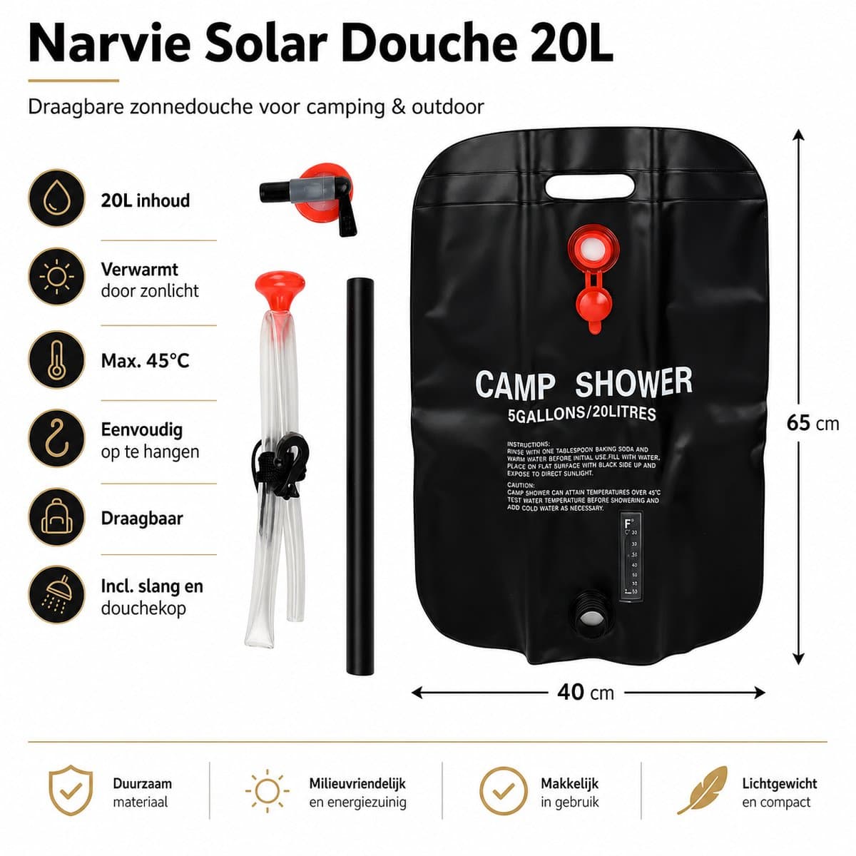 Narvie Solar Douche 20L - Camping Douche met Slang en Sproeikop - Zonnedouche voor Camping en Outdoor thumbnail 2