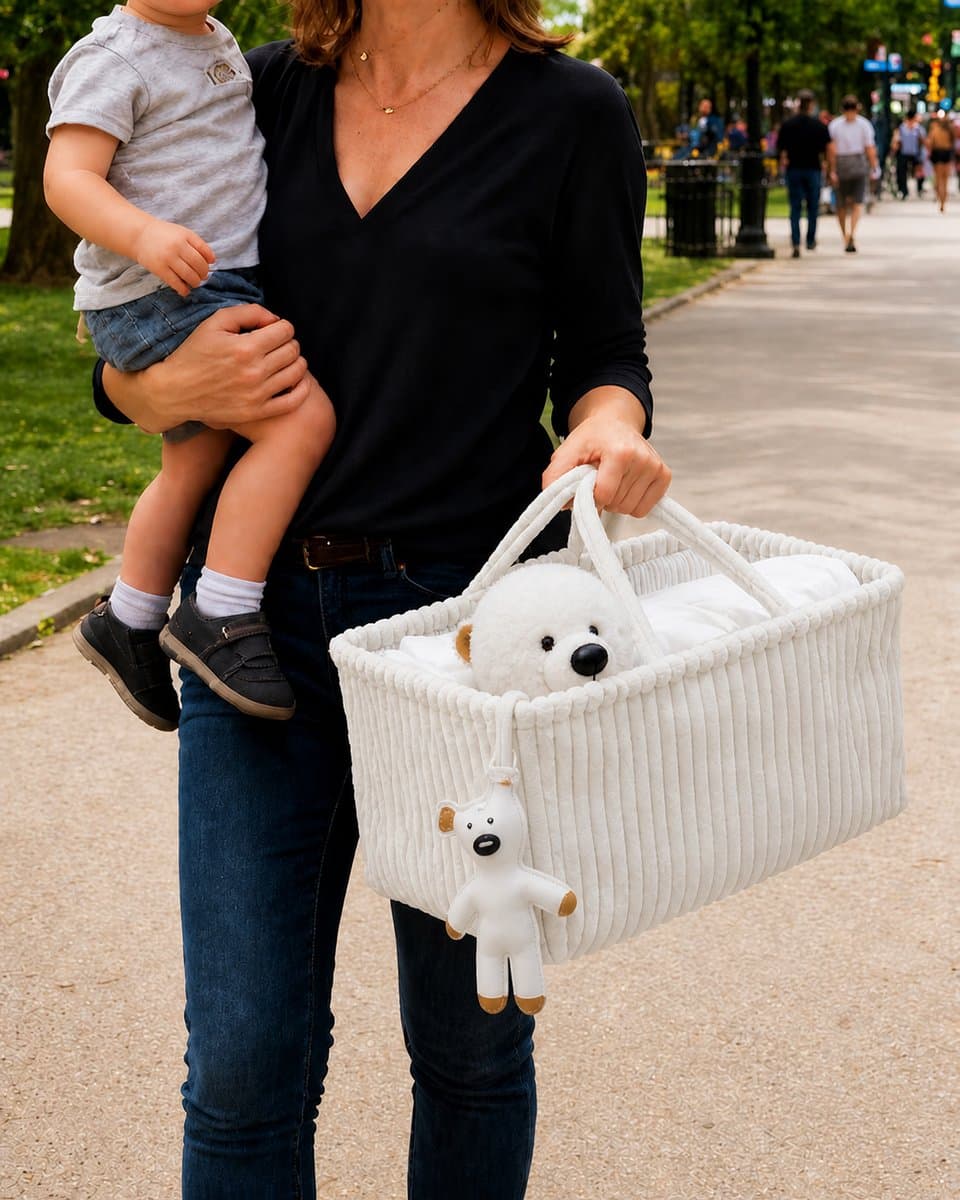 Opvouwbare Luiertas Organizer Bruin - Corduroy Luiermand met Vakken en Verdelers - Baby Opbergmand voor Luiers, Doekjes en Accessoires - Draagbare Nursery Caddy - Wit thumbnail 3