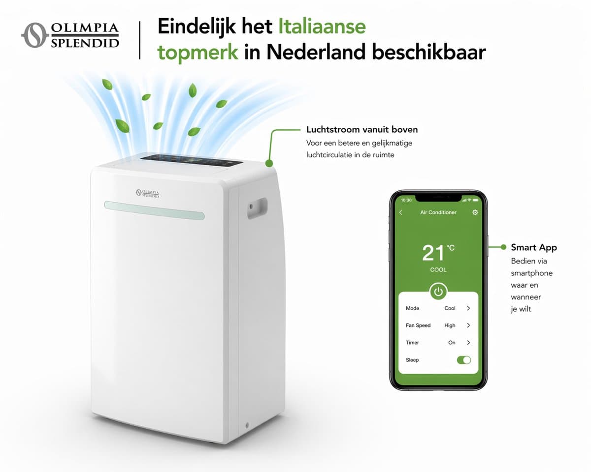 Stille Mobiel Airco 10.000 BTU – WiFi – HEPA Luchtfilter – Design Airco voor Slaapkamer & Woonkamer – Olimpia Splendid AIRA 10