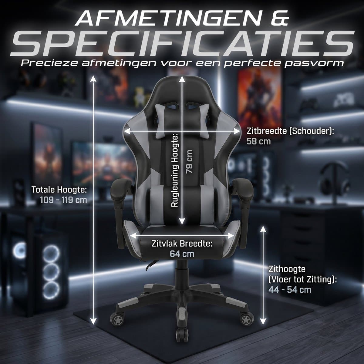 Gaming Stoel – Comfortabele Gamer Chair – Zwart/Grijs – Verstelbaar thumbnail 6