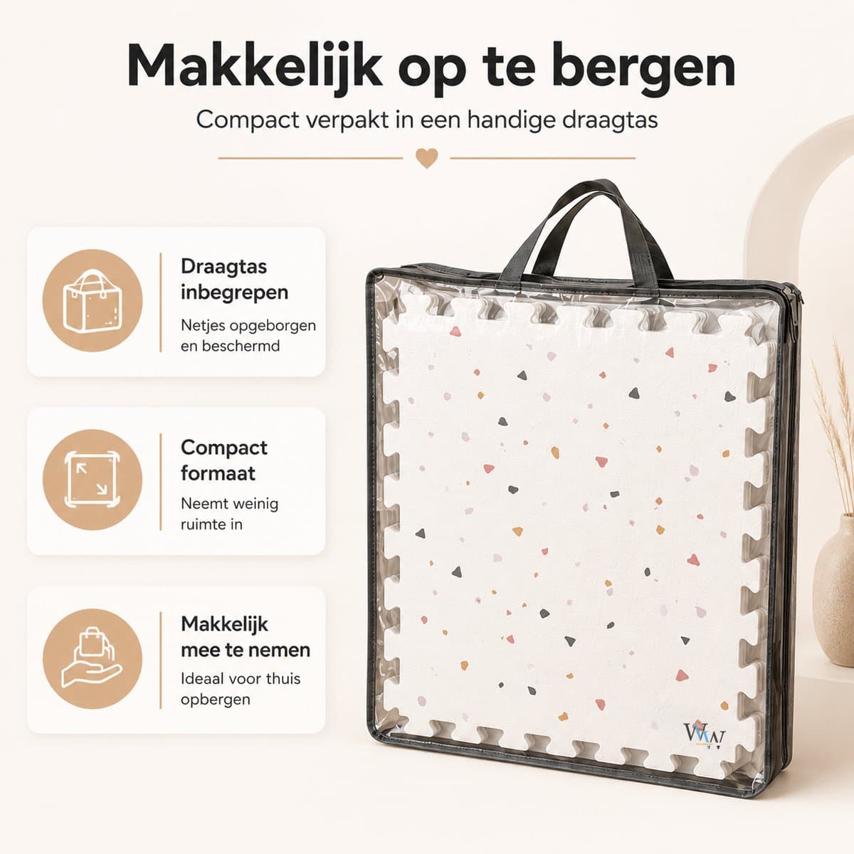 WoonWonder Speelmat baby - Foam - Speelkleed Baby - Dubbelzijdig Opvouwbaar Speelmat - 120 x 180 cm - Terrazzo - Zachte Vloertegels - Inclusief Opbergtas thumbnail 5