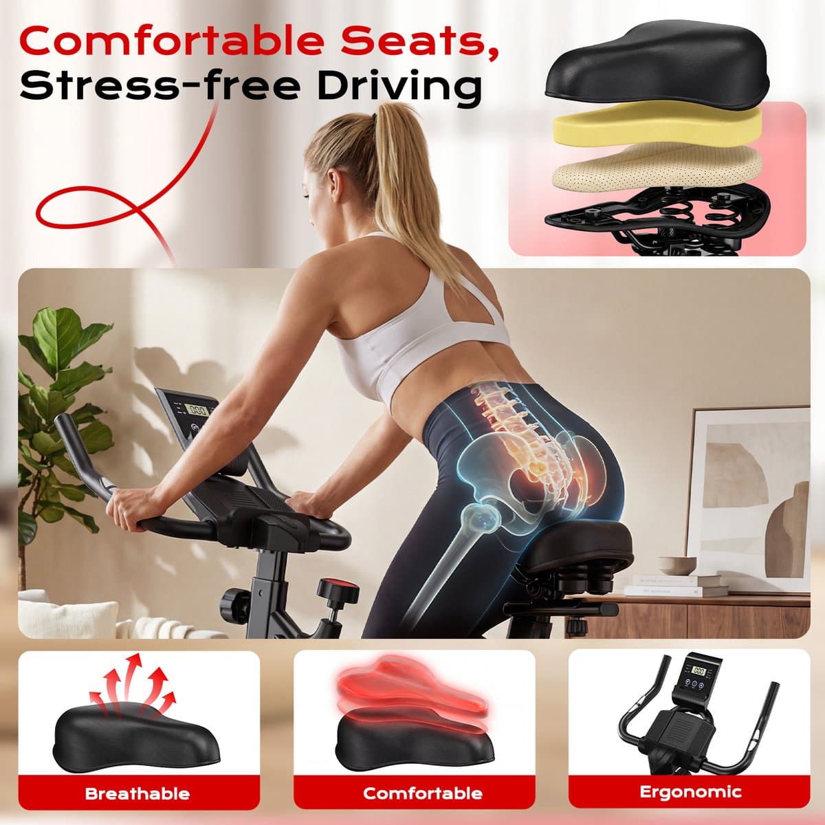 BIGZZIA hometrainer met instelbare weerstand van 0-100%, stille hometrainer met LCD-scherm, fitnessfiets met tablethouder, indoorfiets voor cardiotraining, tot 120 kg thumbnail 6