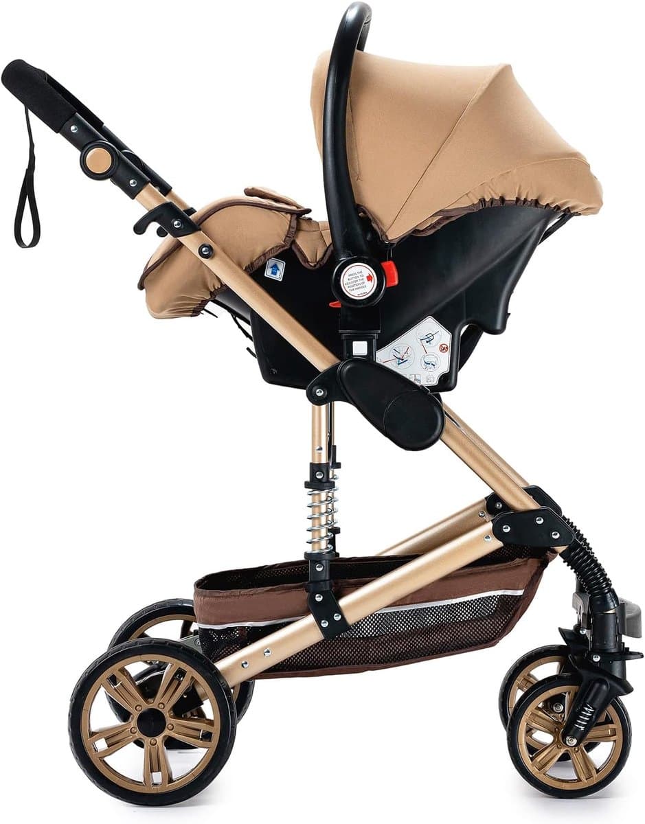 Luxe 3-in-1 Kinderwagen - Wandelwagen - Autostoeltje - Buggy - Inklapbaar - Khaki/Bruin - 0-36 Maanden thumbnail 5