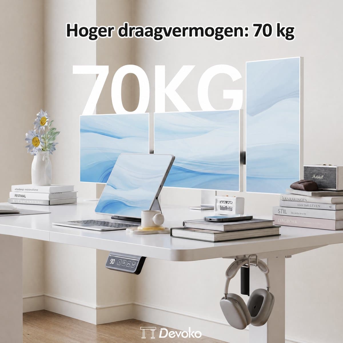 Devoko Elektrisch Zit-sta Bureau 180x80 cm – Stille Motor met Geheugenfunctie – 4 Knoppen Handbediening – Ruim Bureau – Wit thumbnail 5