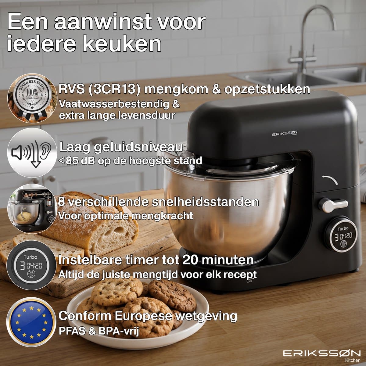 Erikssøn Kitchen Keukenmachine - 8 Snelheidsstanden Met Timer - 5L Mixer met Mengkom - 1400W - Keukenrobot - Keukenmixer - Foodprocessor - Zwart thumbnail 2