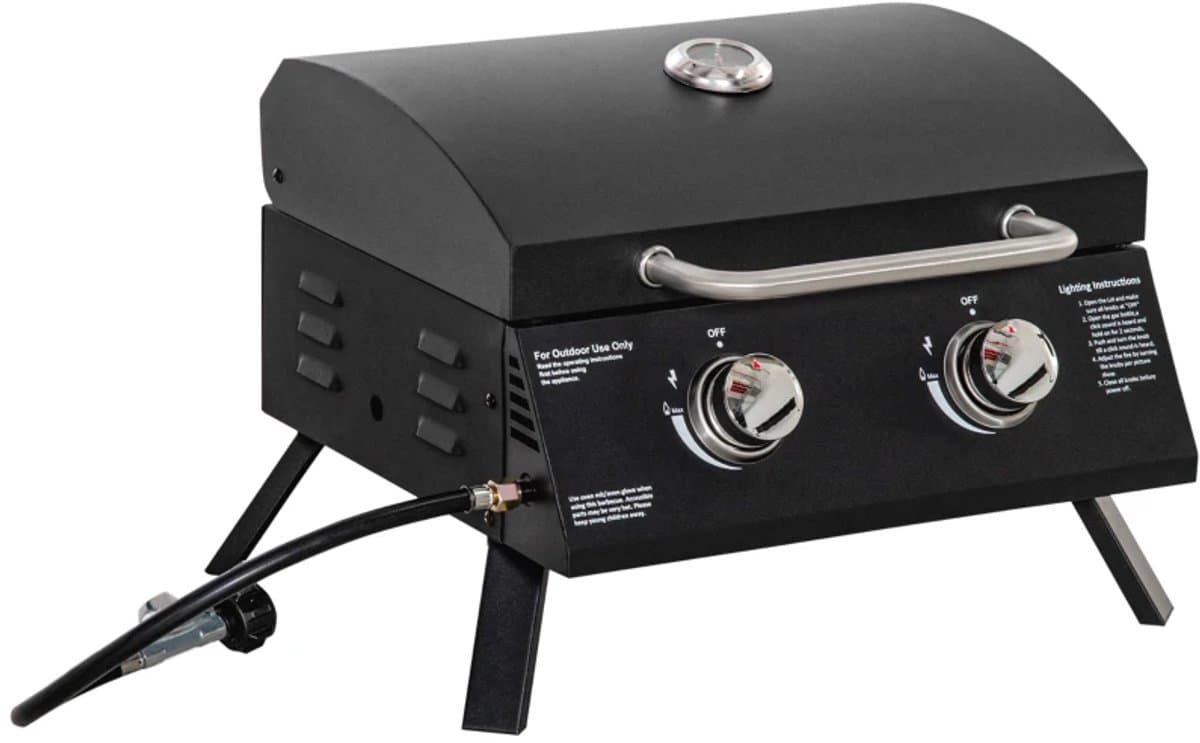 Gasbarbecue - Tafelmodel Gasbarbecue en Gasgrill - 2 Branders - Grillwagen - 5,6 kW - met Grillrooster, Drukregelaar, Slang, Thermometer - 55 x 46,5 x 41 cm - Zwart thumbnail 3