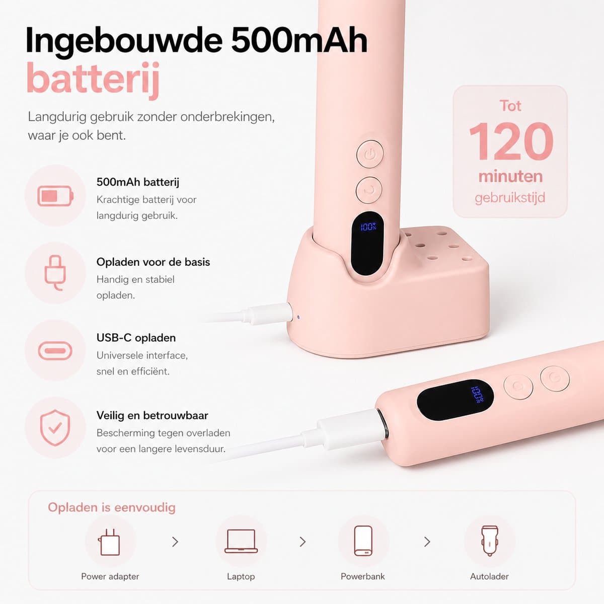 BOTC Elektrische Nagelvijl met Oplaadstation - Nagelfrees - Draadloos en Oplaadbaar - Nagelvijl - Manicure & Pedicure set - Roze thumbnail 7